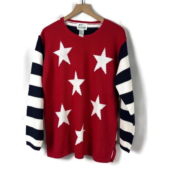 Vintage QUACKER FACTORY Red White Blue Flag Star Cotton Ramie Sweater Size Large - Picture 1 of 7